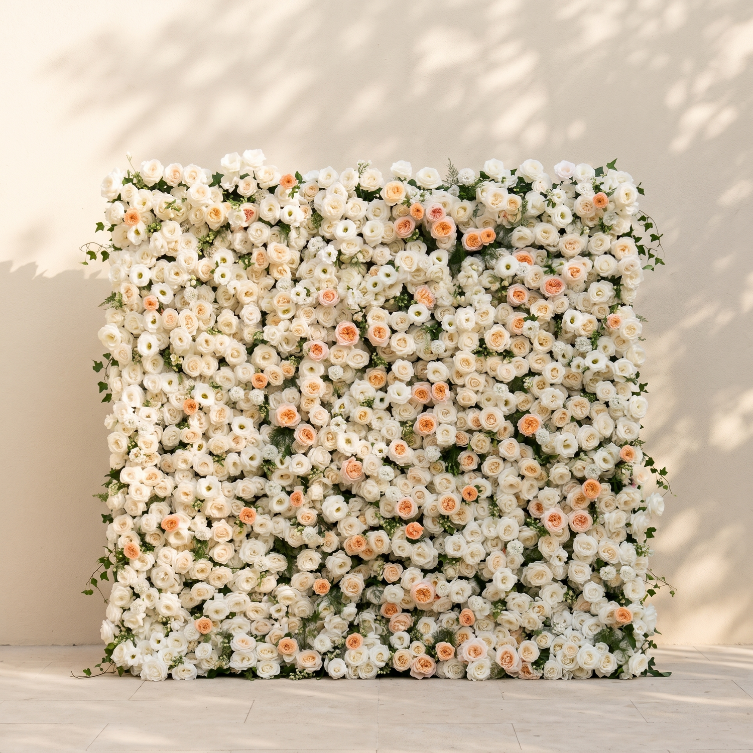 Karellora:5D Cream Ivory White Silk Rose Flower Wall Roll-Up Fabric Backdrop with Soft Peach Accents for Romantic Weddings &amp; Proposals