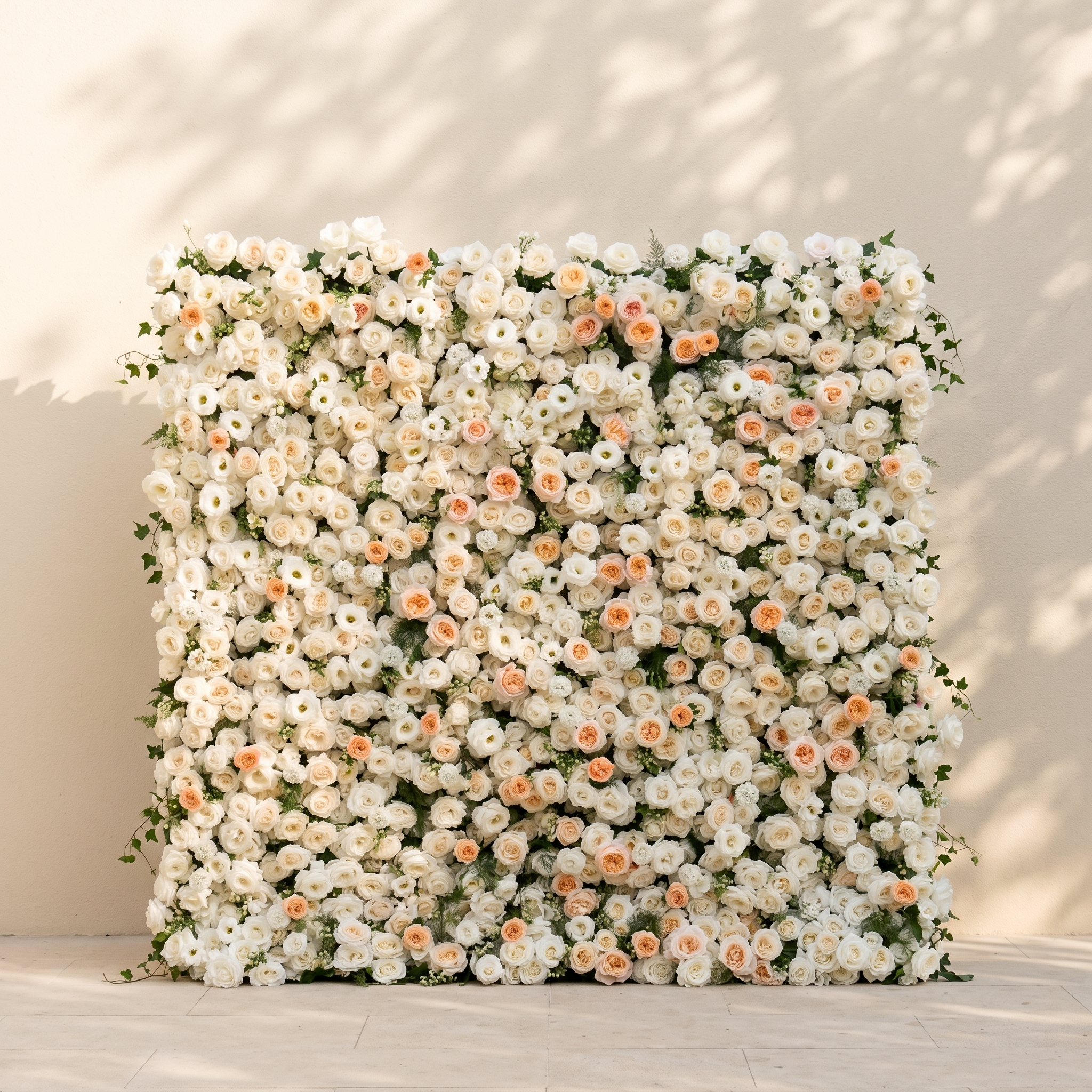 Karellora:5D Cream Ivory White Silk Rose Flower Wall Roll-Up Fabric Backdrop with Soft Peach Accents for Romantic Weddings &amp; Proposals