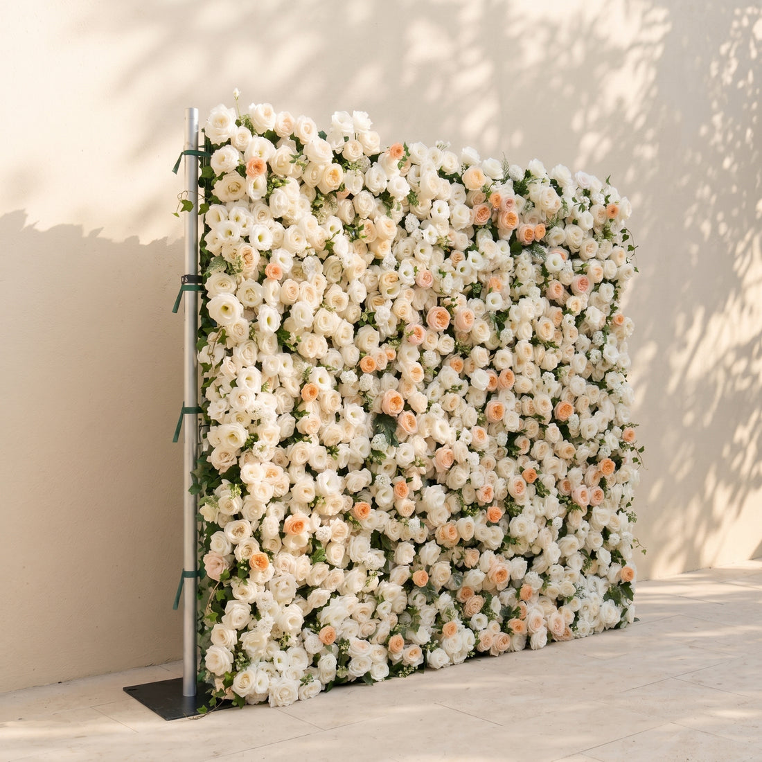 Karellora:5D Cream Ivory White Silk Rose Flower Wall Roll-Up Fabric Backdrop with Soft Peach Accents for Romantic Weddings &amp; Proposals