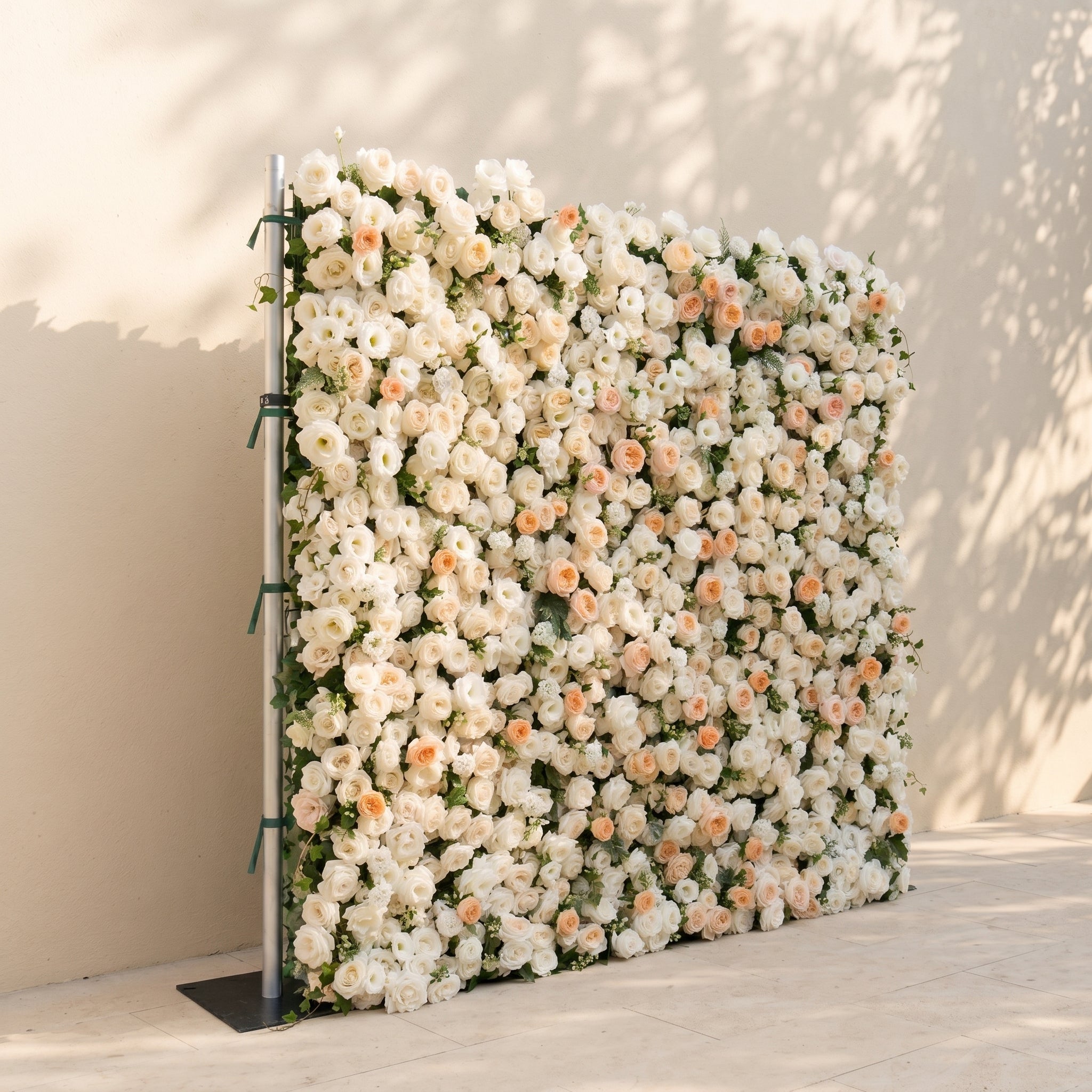 Karellora:5D Cream Ivory White Silk Rose Flower Wall Roll-Up Fabric Backdrop with Soft Peach Accents for Romantic Weddings &amp; Proposals