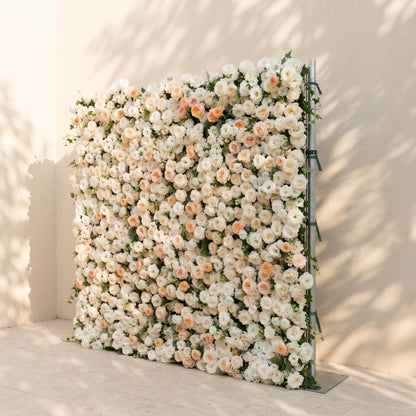 Karellora:5D Cream Ivory White Silk Rose Flower Wall Roll-Up Fabric Backdrop with Soft Peach Accents for Romantic Weddings &amp; Proposals
