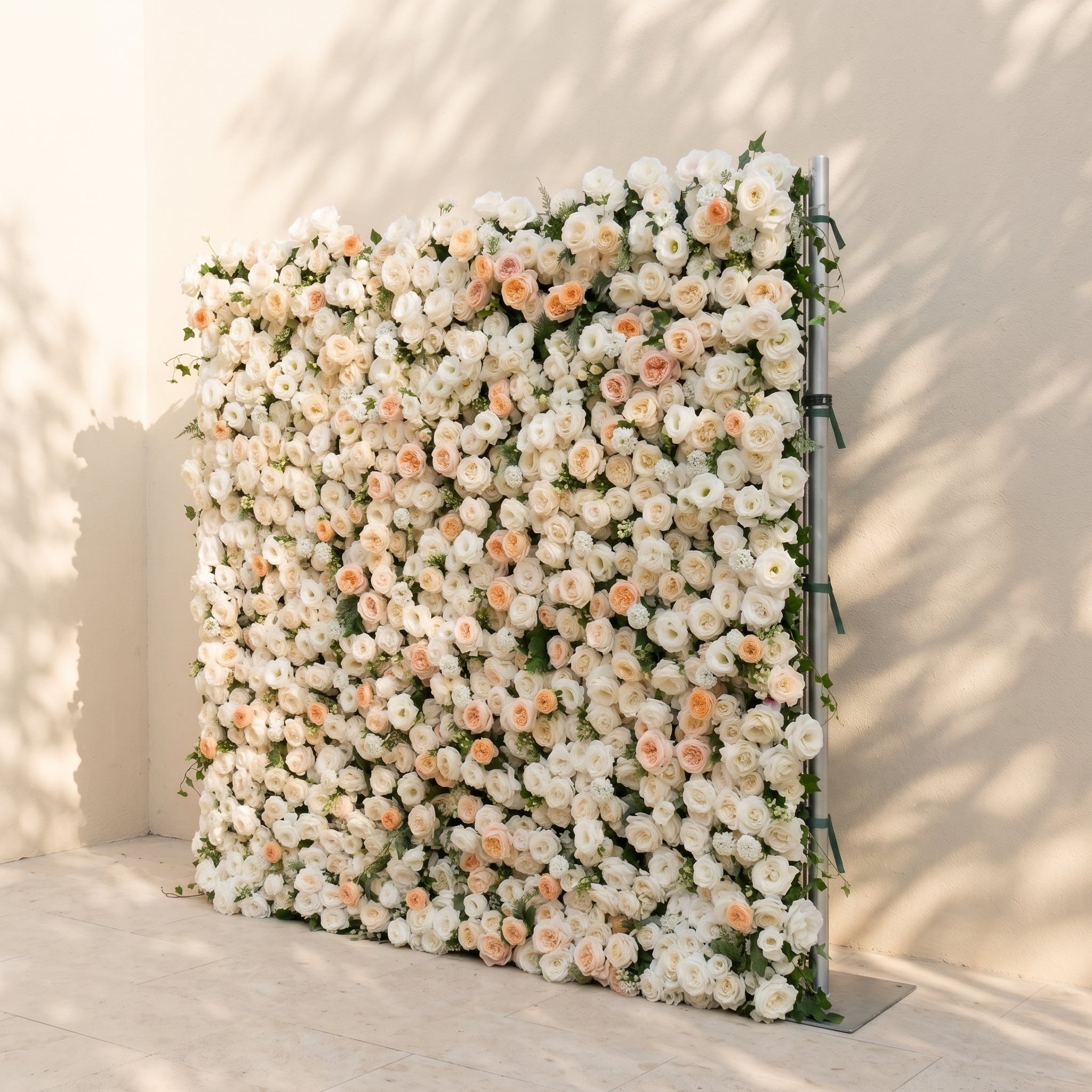 Karellora:5D Cream Ivory White Silk Rose Flower Wall Roll-Up Fabric Backdrop with Soft Peach Accents for Romantic Weddings &amp; Proposals
