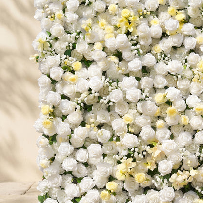 Kirviane:New Luxury Roll-up 3D White and Warm-yellow Roses Flower Wall for Weddings&amp;Event Decor kirviane detail 2