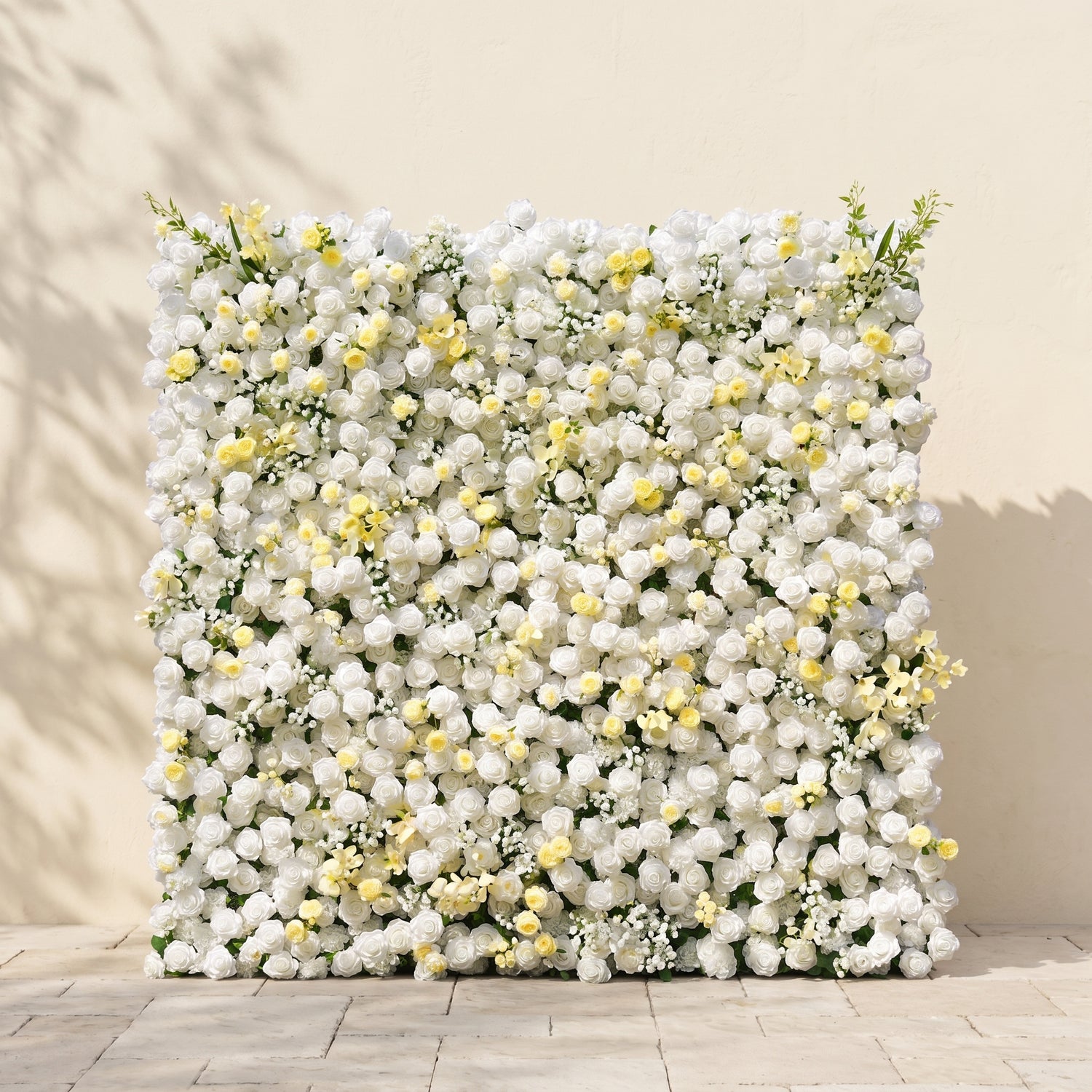 Kirviane:New Luxury Roll-up 3D White and Warm-yellow Roses Flower Wall for Weddings&amp;Event Decor kirviane front