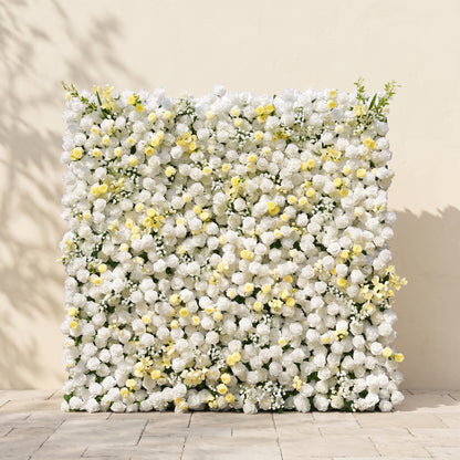 Kirviane:New Luxury Roll-up 3D White and Warm-yellow Roses Flower Wall for Weddings&amp;Event Decor kirviane front