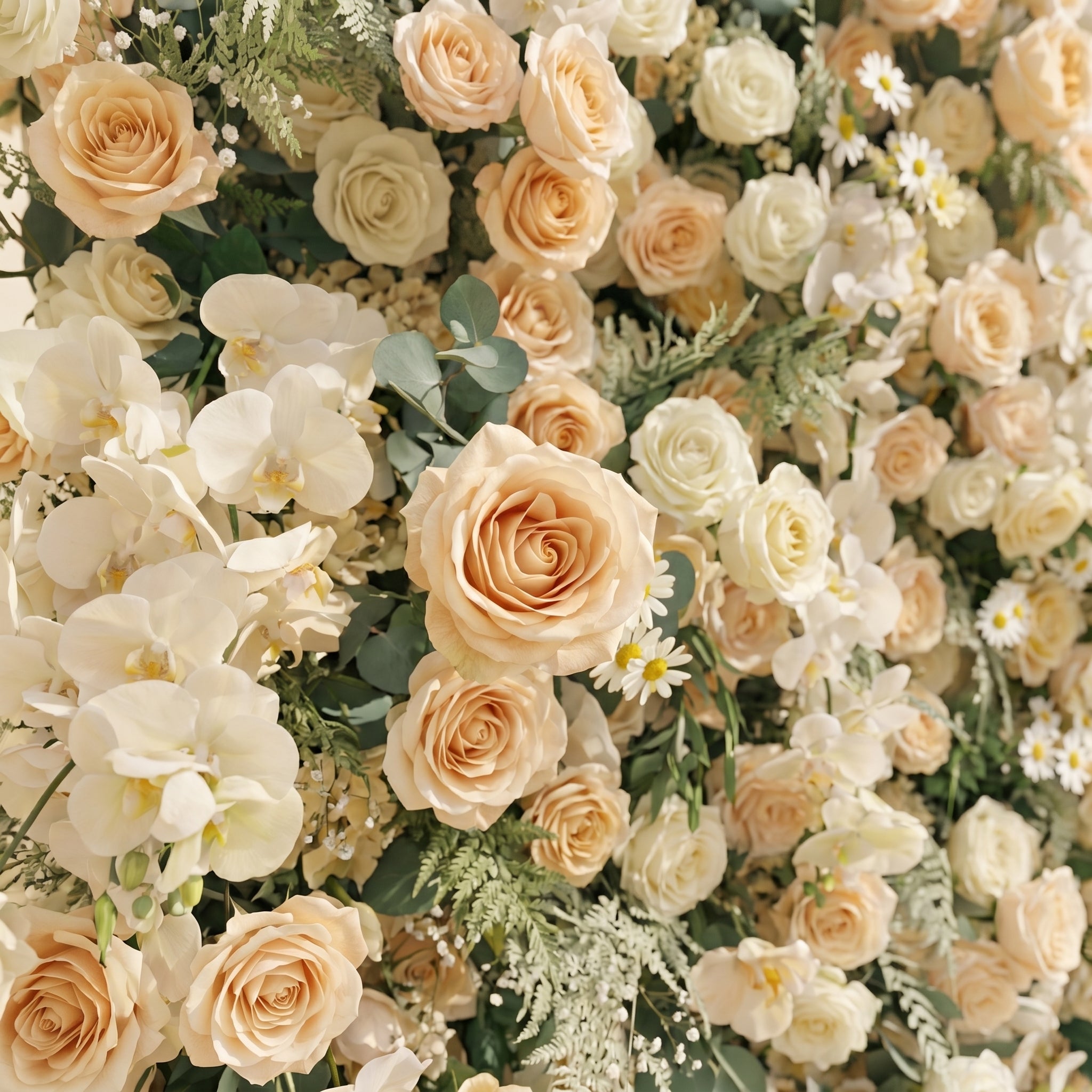 Larena:Luxury 5D Cream &amp; Champagne Silk Floral Wall Roll-Up Backdrop for Timeless Romantic Weddings