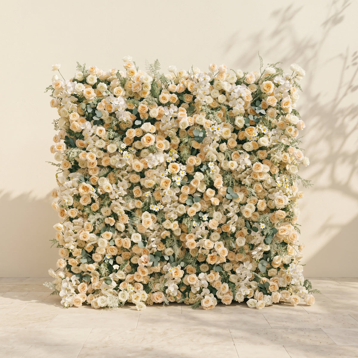 Larena:Luxury 5D Cream & Champagne Silk Floral Wall Roll-Up Backdrop for Timeless Romantic Weddings