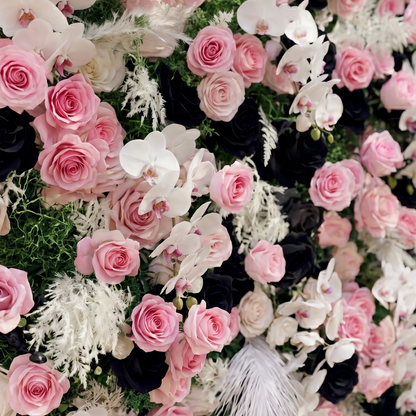Larorae: Luxury 5D Black &amp; Blush Pink Silk Floral Wall Roll-Up Backdrop for Edgy Romantic Weddings