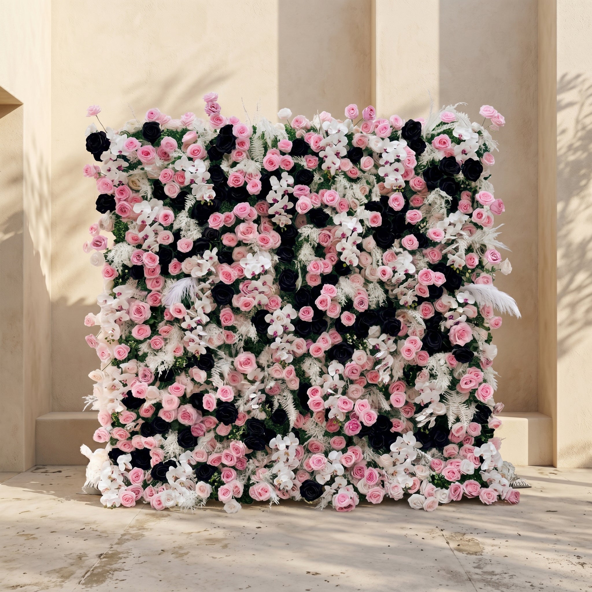 Larorae: Luxury 5D Black &amp; Blush Pink Silk Floral Wall Roll-Up Backdrop for Edgy Romantic Weddings