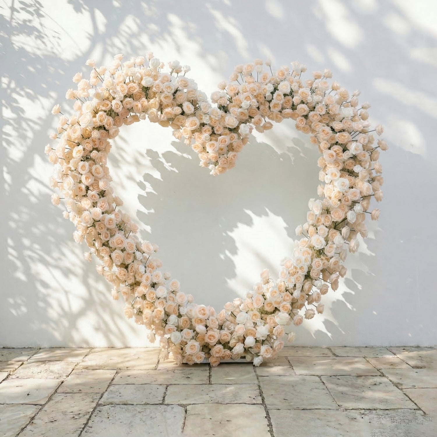 Lioren: Heart-Shaped Champagne &amp; Soft Peach Silk Rose Flower Arch Floral Arrangement for Elegant Weddings &amp; Proposal Events