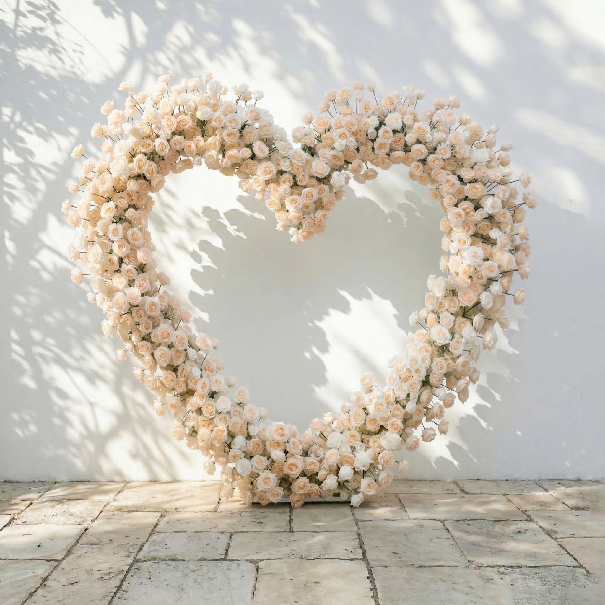 Lioren: Heart-Shaped Champagne &amp; Soft Peach Silk Rose Flower Arch Floral Arrangement for Elegant Weddings &amp; Proposal Events
