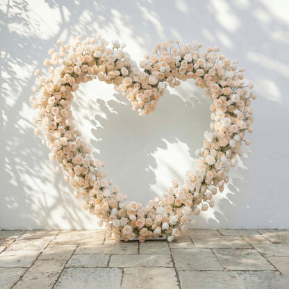 Lioren: Heart-Shaped Champagne &amp; Soft Peach Silk Rose Flower Arch Floral Arrangement for Elegant Weddings &amp; Proposal Events
