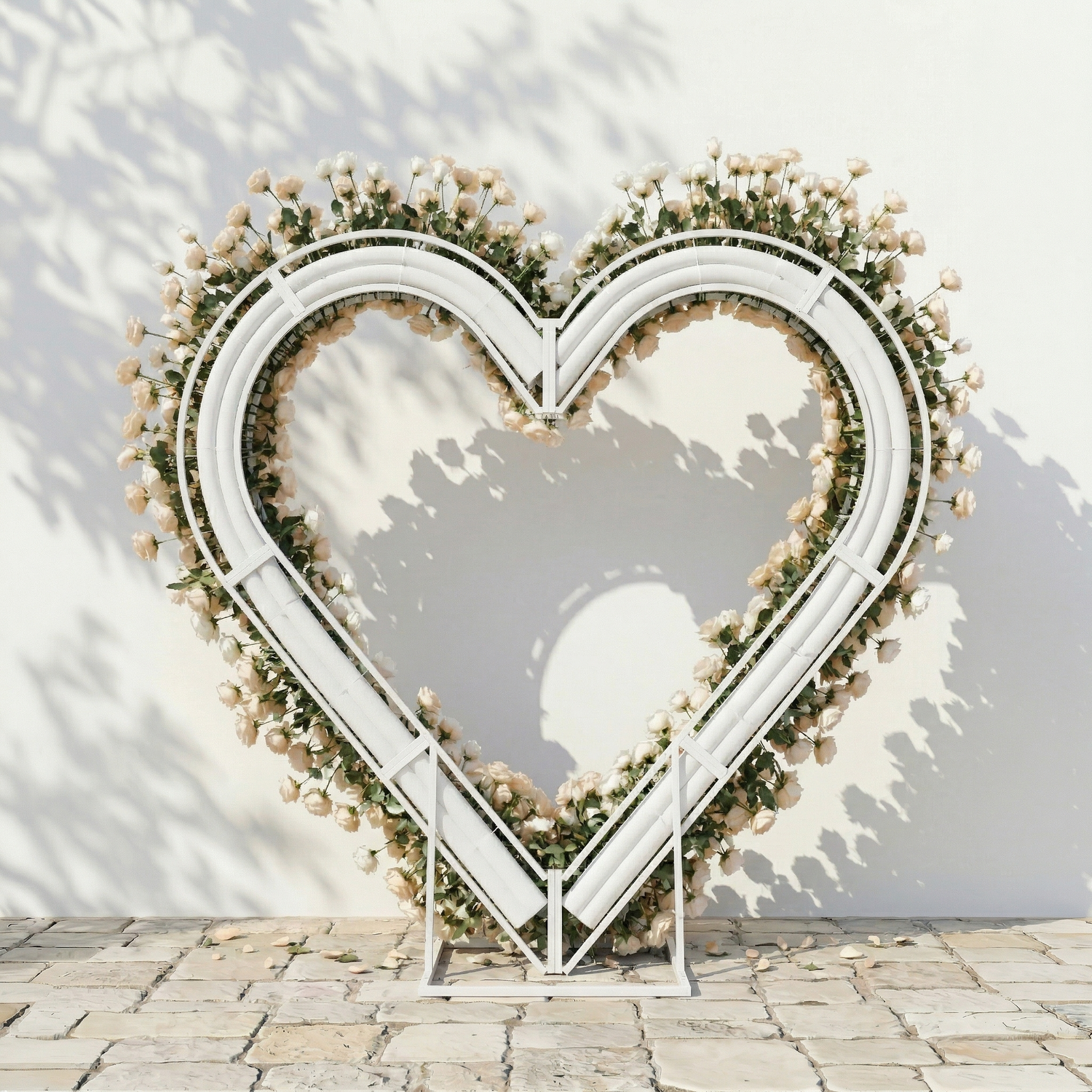 Lioren: Heart-Shaped Champagne &amp; Soft Peach Silk Rose Flower Arch Floral Arrangement for Elegant Weddings &amp; Proposal Events