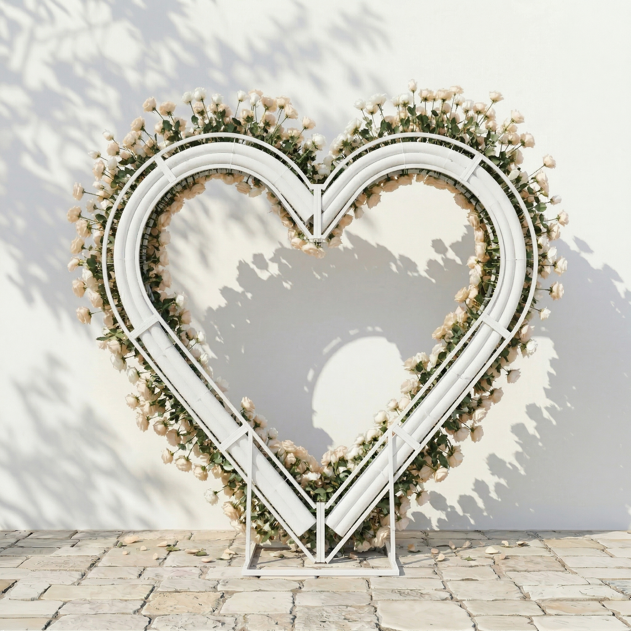 Lioren: Heart-Shaped Champagne &amp; Soft Peach Silk Rose Flower Arch Floral Arrangement for Elegant Weddings &amp; Proposal Events