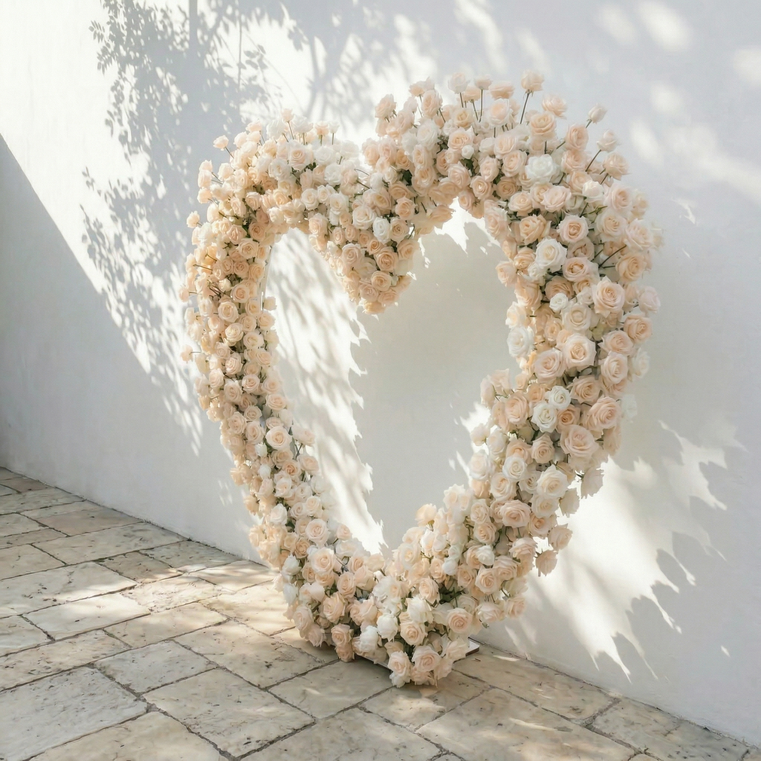 Lioren: Heart-Shaped Champagne &amp; Soft Peach Silk Rose Flower Arch Floral Arrangement for Elegant Weddings &amp; Proposal Events