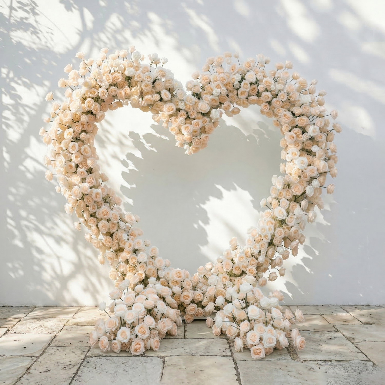 Lioren: Heart-Shaped Champagne &amp; Soft Peach Silk Rose Flower Arch Floral Arrangement for Elegant Weddings &amp; Proposal Events