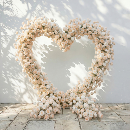 Lioren: Heart-Shaped Champagne &amp; Soft Peach Silk Rose Flower Arch Floral Arrangement for Elegant Weddings &amp; Proposal Events