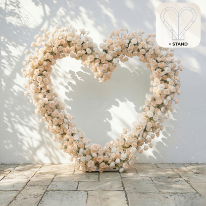 Lioren: Heart-Shaped Champagne &amp; Soft Peach Silk Rose Flower Arch Floral Arrangement for Elegant Weddings &amp; Proposal Events