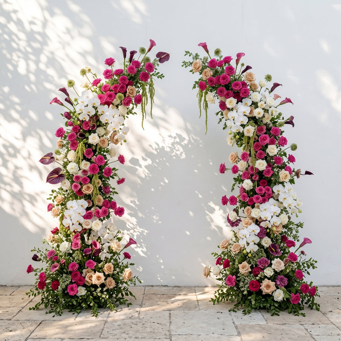 Liorviane:Luxury Magenta Rose, Ivory White &amp; Soft Sorelia Silk Floral Ground Horn Arch Arrangement with Calla Lily &amp; Cascading Greenery for Romantic Minimalist Weddings &amp; Garden Event Decor Including Frame