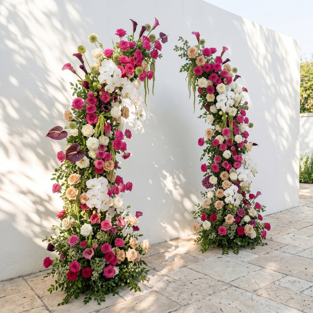 Liorviane:Luxury Magenta Rose, Ivory White &amp; Soft Sorelia Silk Floral Ground Horn Arch Arrangement with Calla Lily &amp; Cascading Greenery for Romantic Minimalist Weddings &amp; Garden Event Decor Including Frame