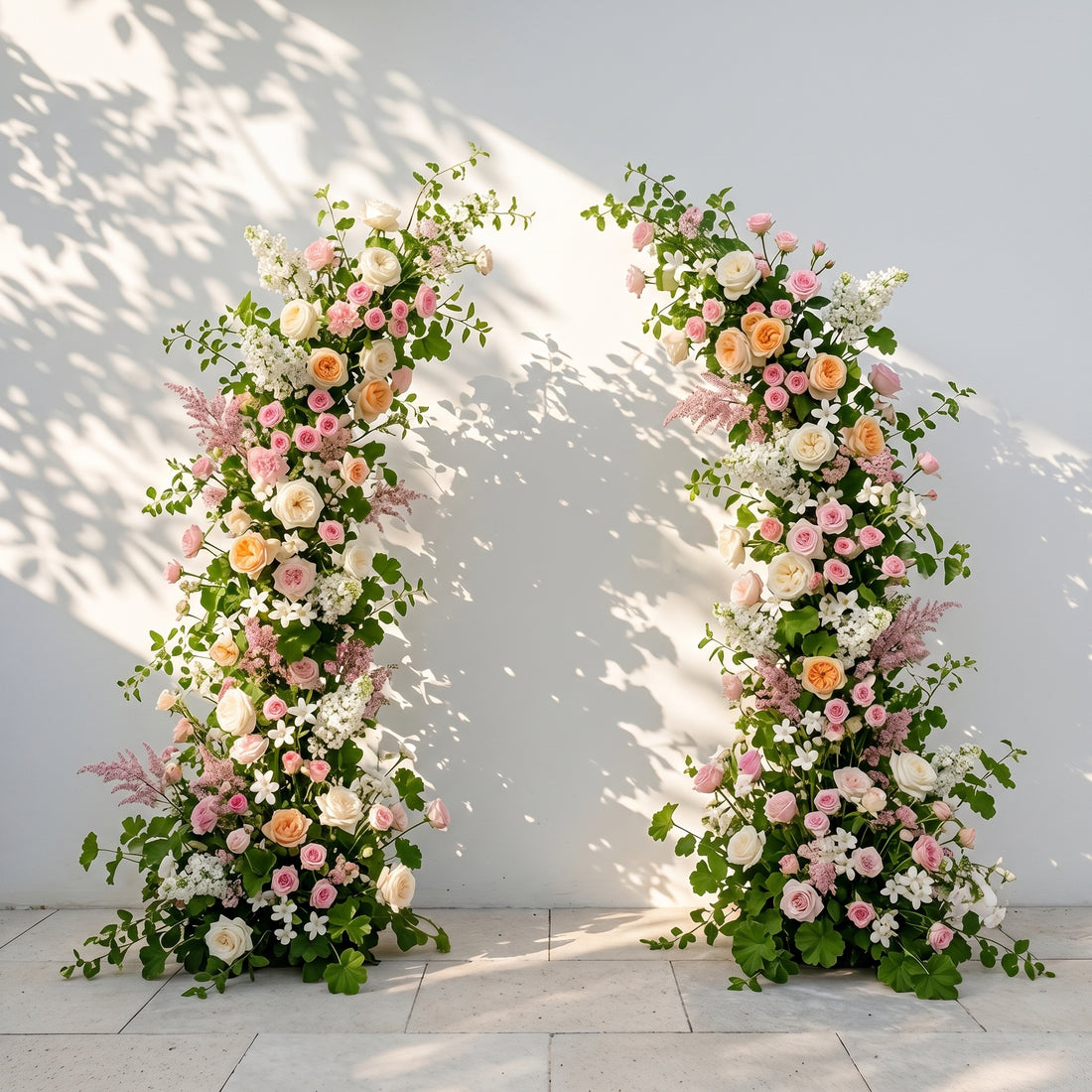 Livyne: Luxury Peach Orange, Ivory White &amp; Blush Pink Silk Floral Ground Horn Arch Arrangement with Soft Astilbe &amp; Lush Cascading Greenery for Romantic Minimalist Weddings &amp; Garden Event Decor Including Frame