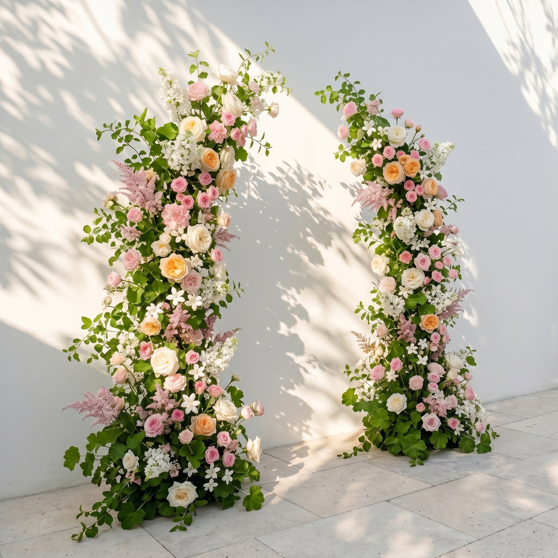 Livyne: Luxury Peach Orange, Ivory White &amp; Blush Pink Silk Floral Ground Horn Arch Arrangement with Soft Astilbe &amp; Lush Cascading Greenery for Romantic Minimalist Weddings &amp; Garden Event Decor Including Frame
