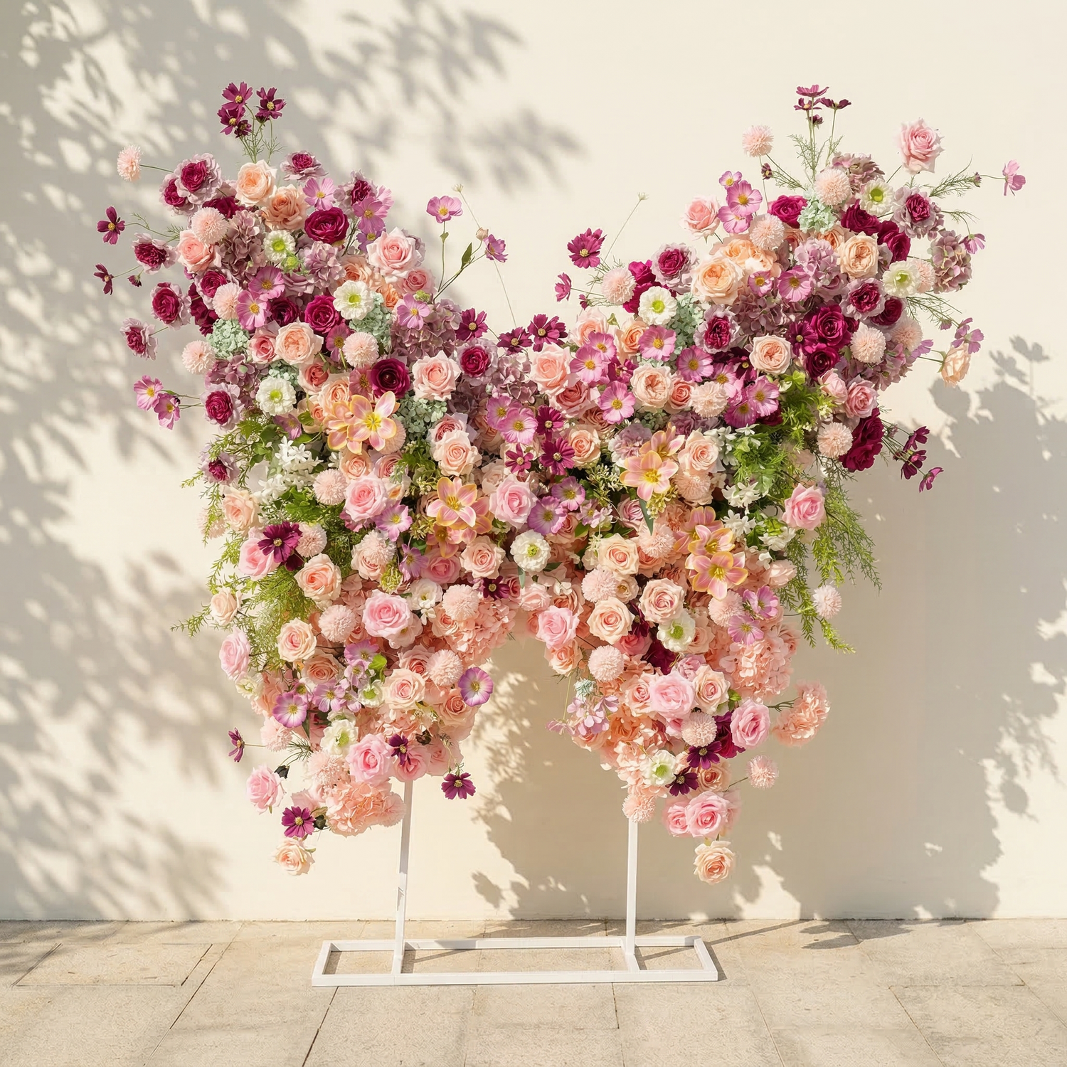 Lumeria: Exquisite Blush &amp; Berry Butterfly-Shaped Flower Wall for Luxury Events &amp; Parties Backdrop
