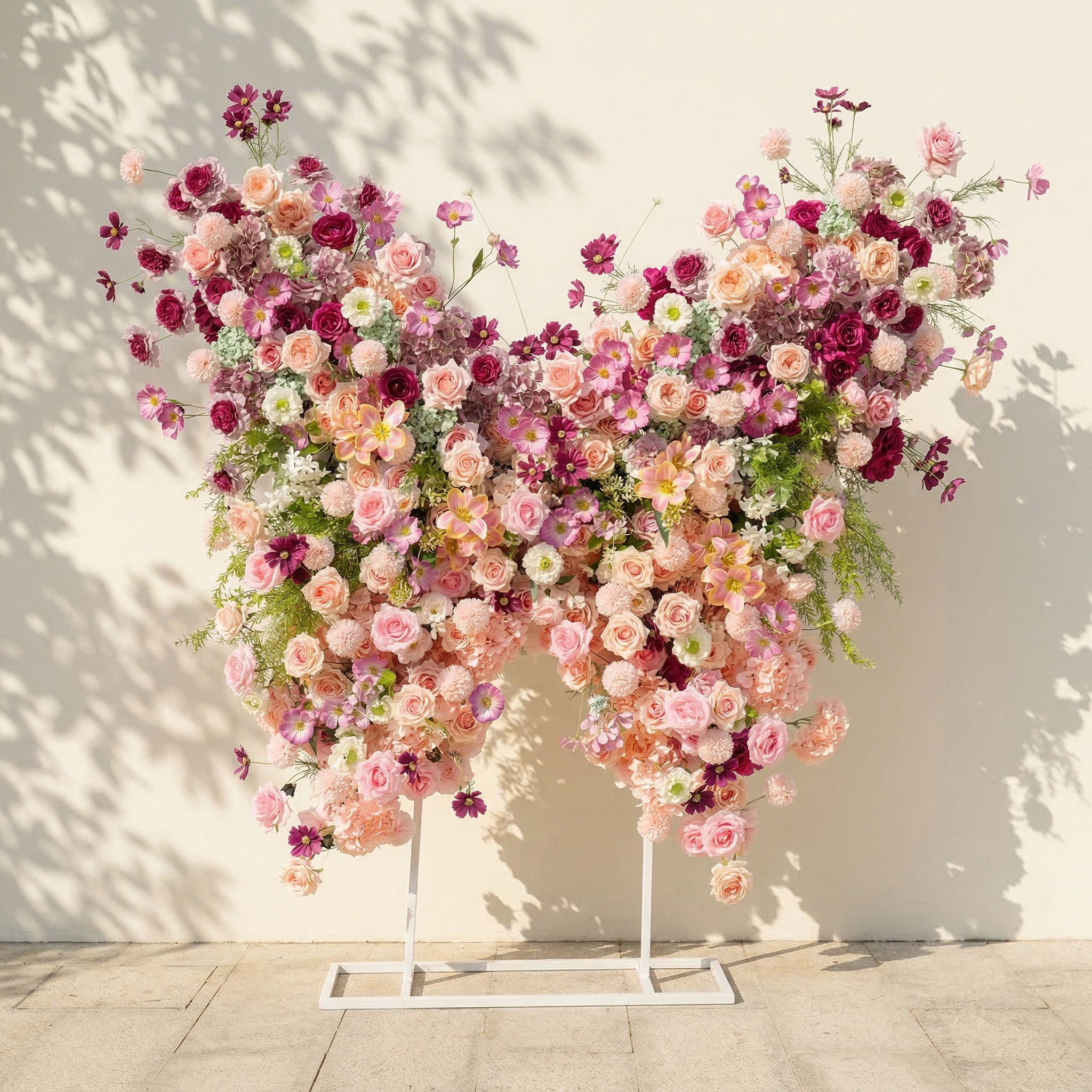 Lumeria: Exquisite Blush &amp; Berry Butterfly-Shaped Flower Wall for Luxury Events &amp; Parties Backdrop