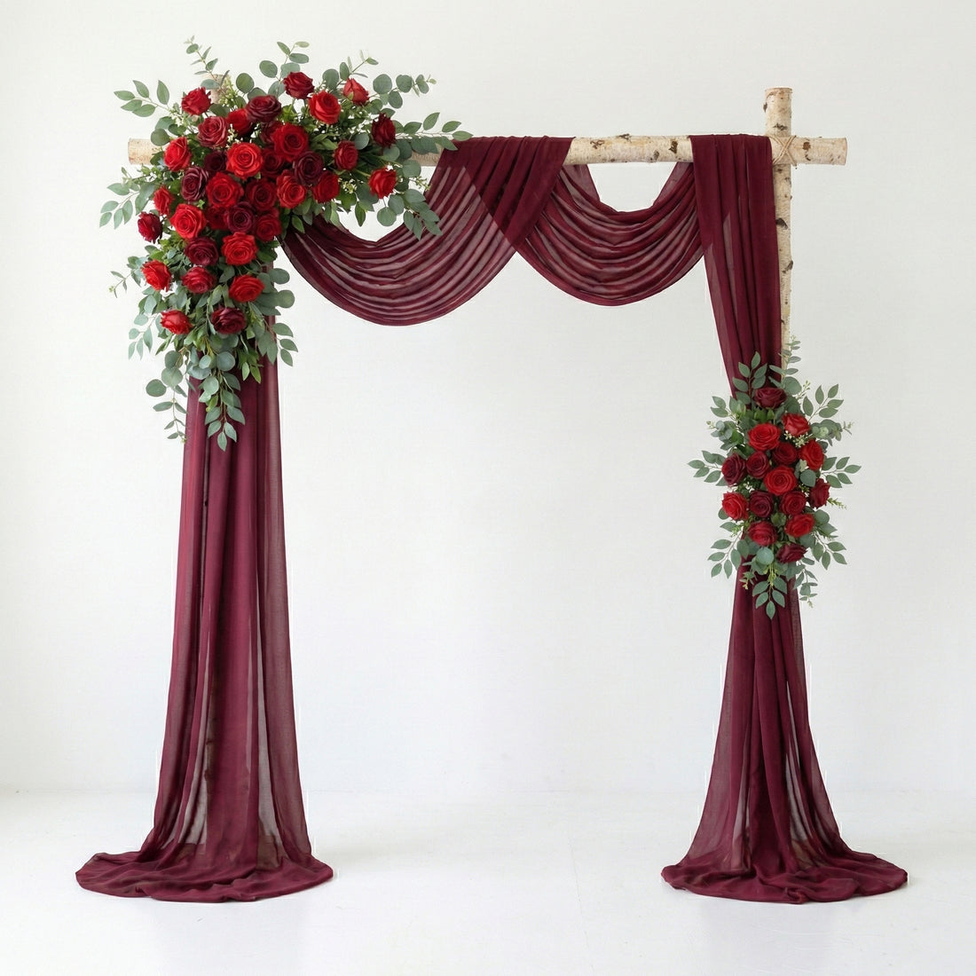 Vintage Burgundy Rose Wedding Arch Flowers Swag with Sheer Drapes Set for Luxury Ceremony and Altar Decor