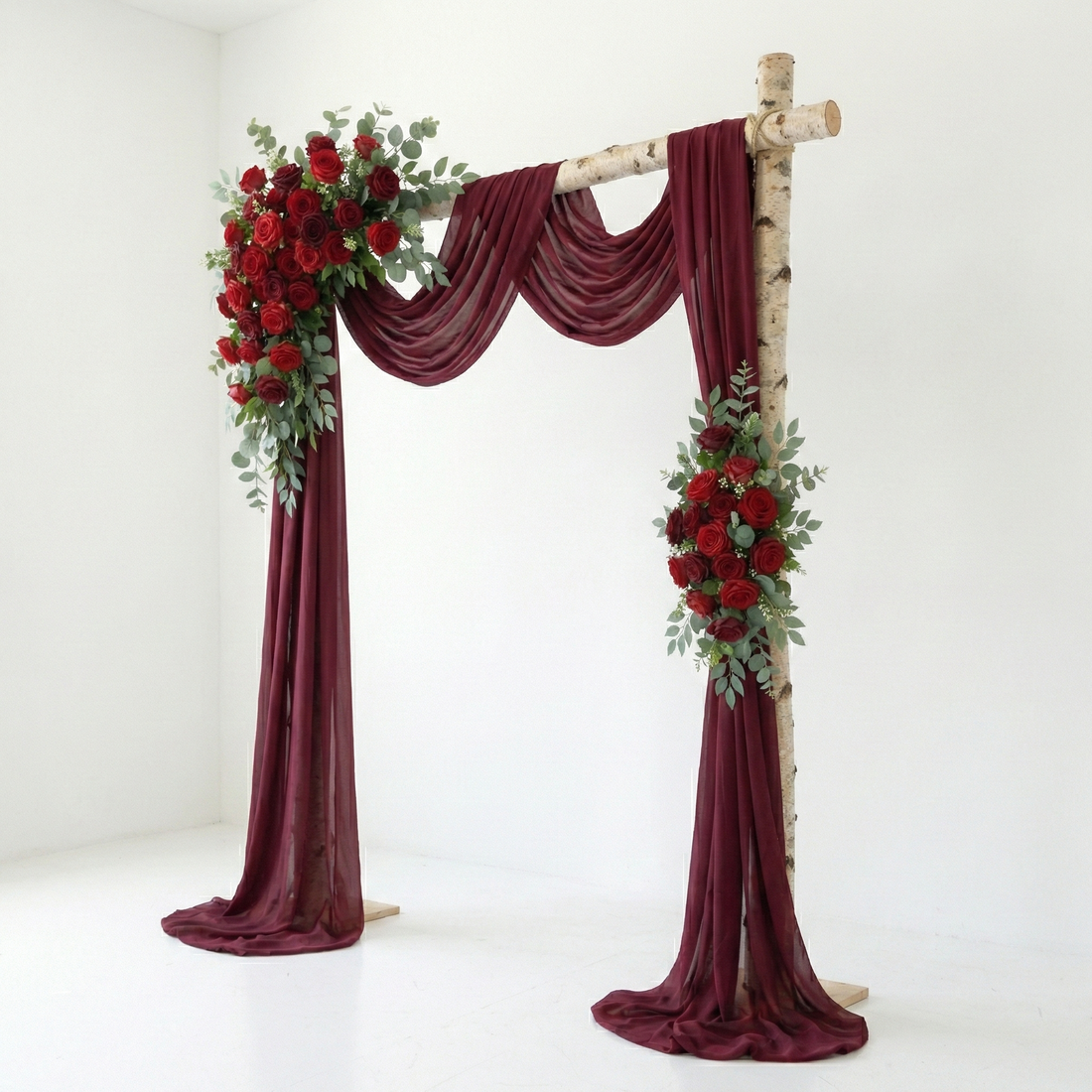 Vintage Burgundy Rose Wedding Arch Flowers Swag with Sheer Drapes Set for Luxury Ceremony and Altar Decor