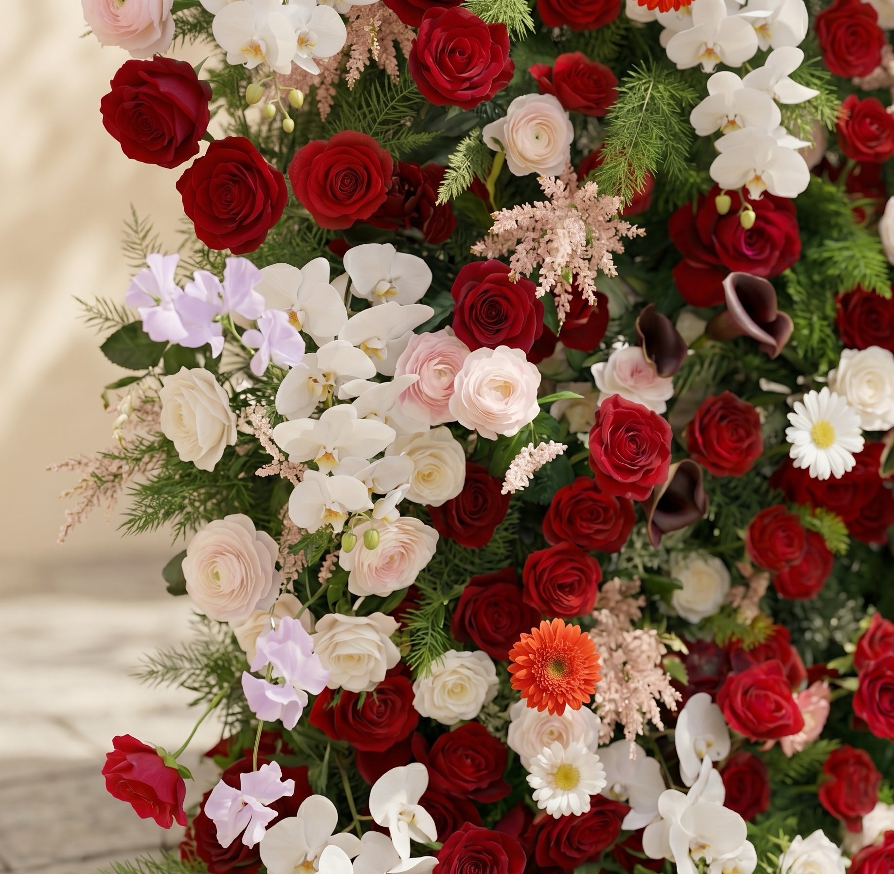 Maelelia: Premium 4D Crimson Rose &amp; White Daisy Silk Flower Wall with Botanical Textures for Bold Branding Events