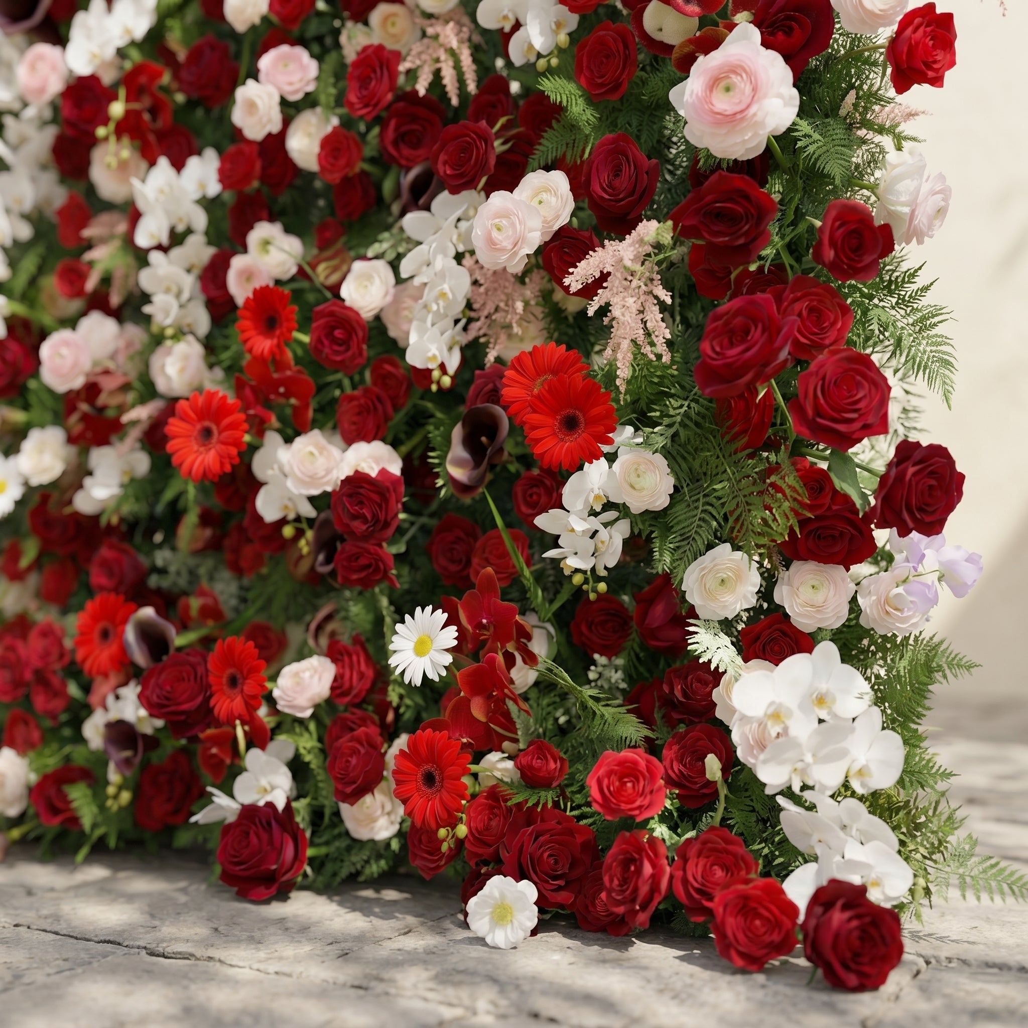 Maelelia: Premium 4D Crimson Rose &amp; White Daisy Silk Flower Wall with Botanical Textures for Bold Branding Events