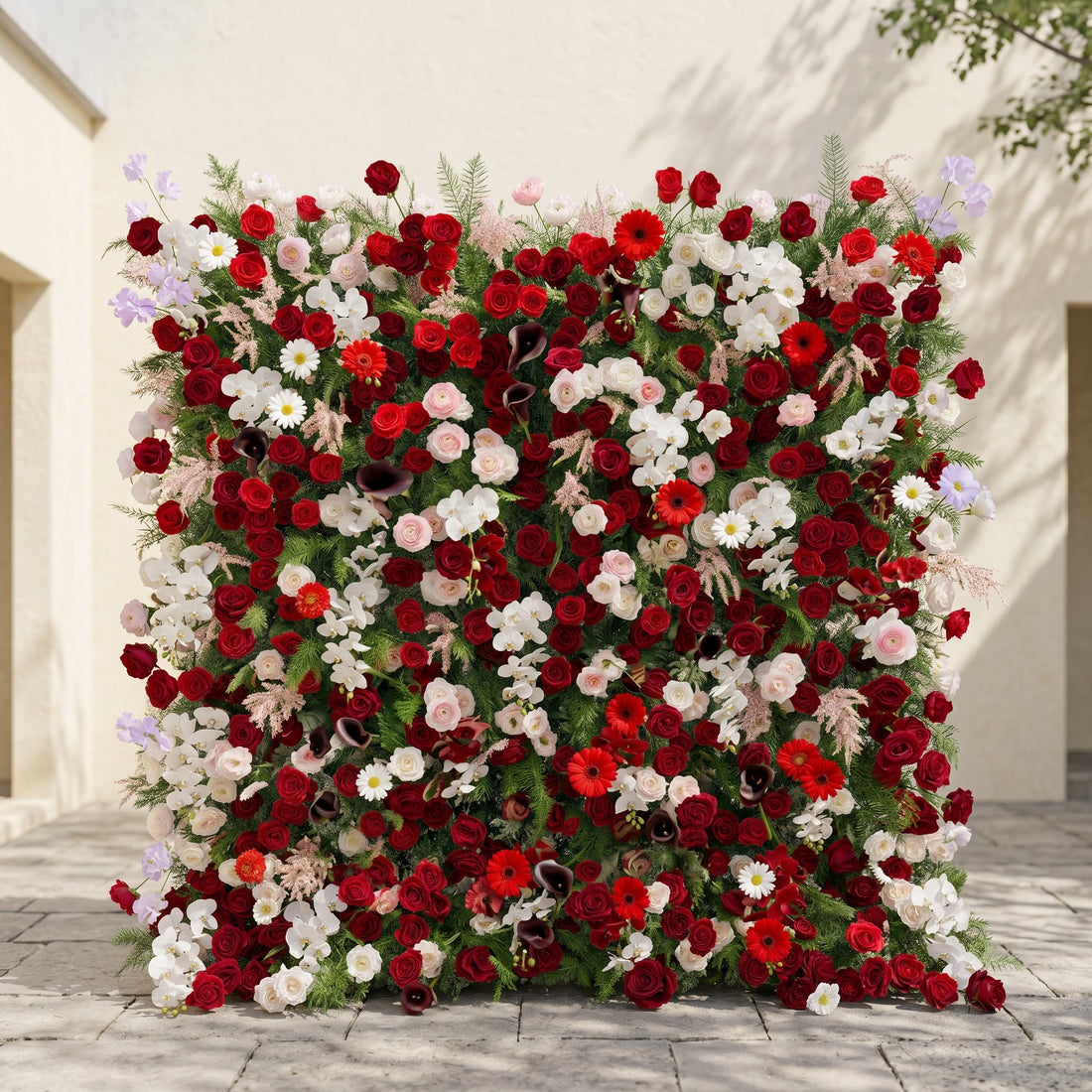 Maelelia: Premium 4D Crimson Rose &amp; White Daisy Silk Flower Wall with Botanical Textures for Bold Branding Events
