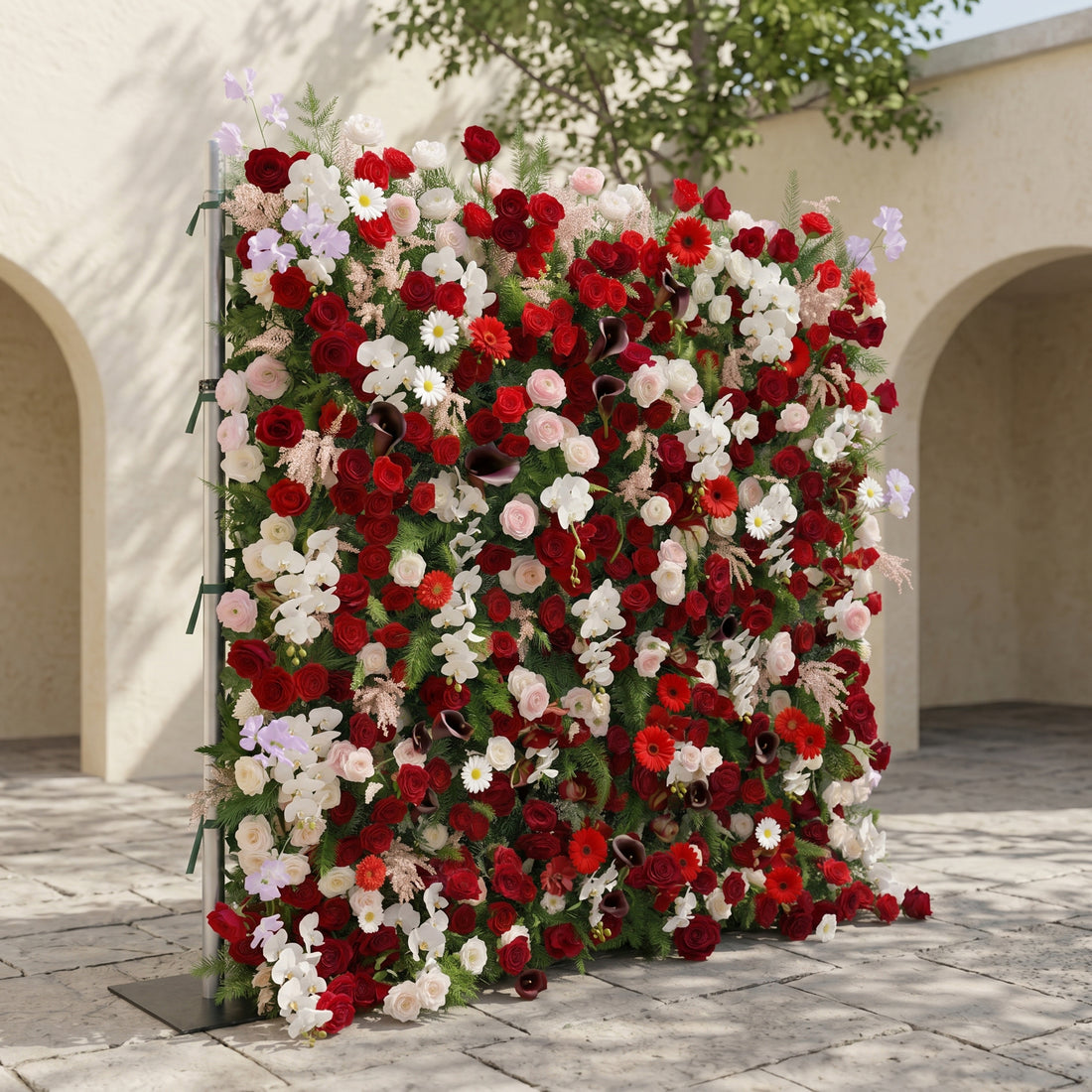 Maelelia: Premium 4D Crimson Rose &amp; White Daisy Silk Flower Wall with Botanical Textures for Bold Branding Events