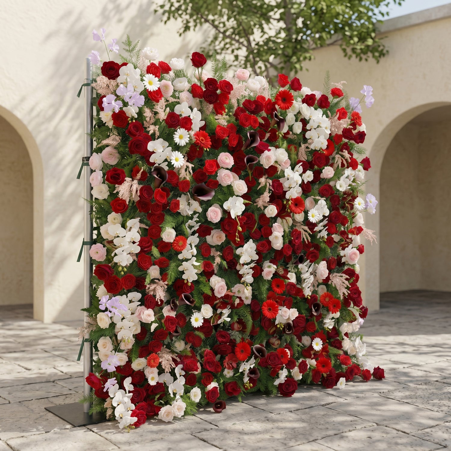 Maelelia: Premium 4D Crimson Rose &amp; White Daisy Silk Flower Wall with Botanical Textures for Bold Branding Events