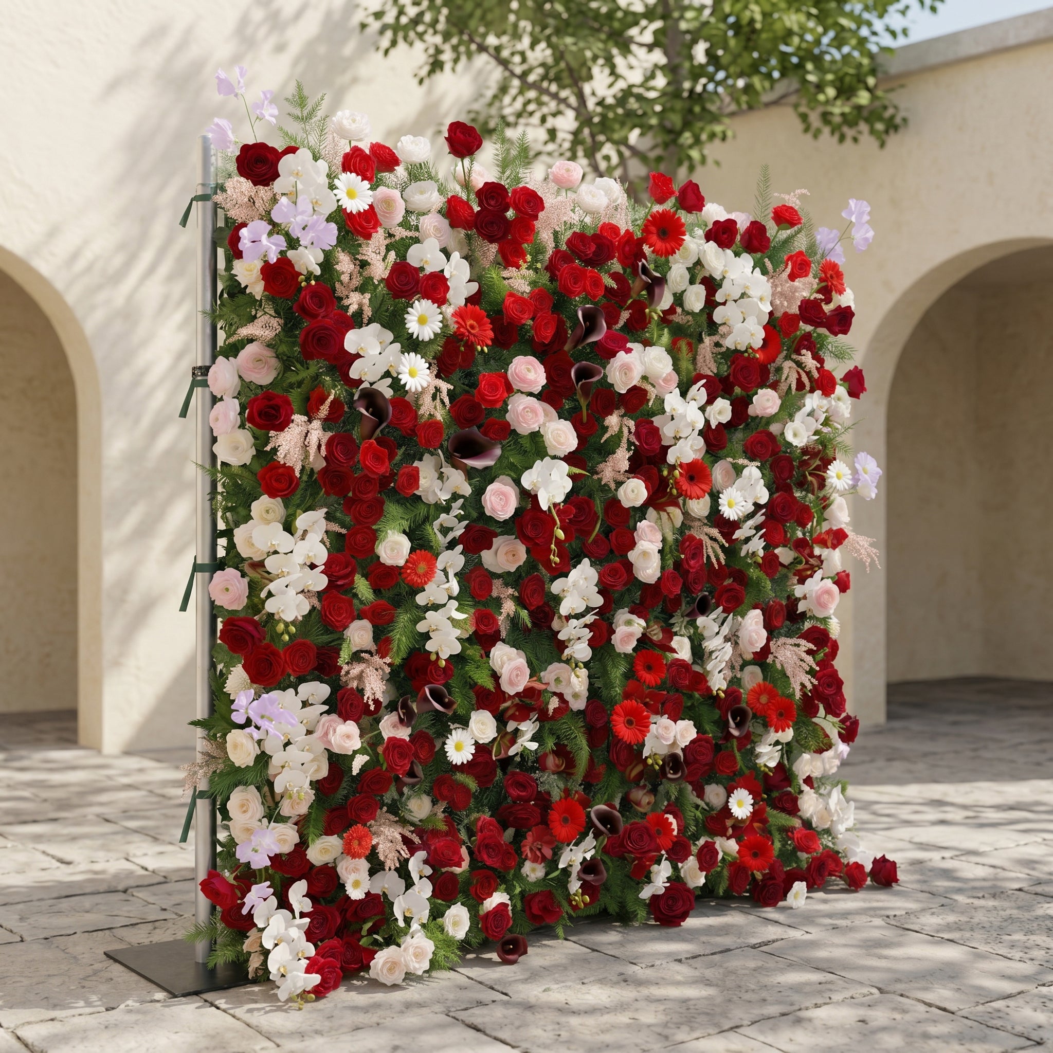 Maelelia: Premium 4D Crimson Rose &amp; White Daisy Silk Flower Wall with Botanical Textures for Bold Branding Events