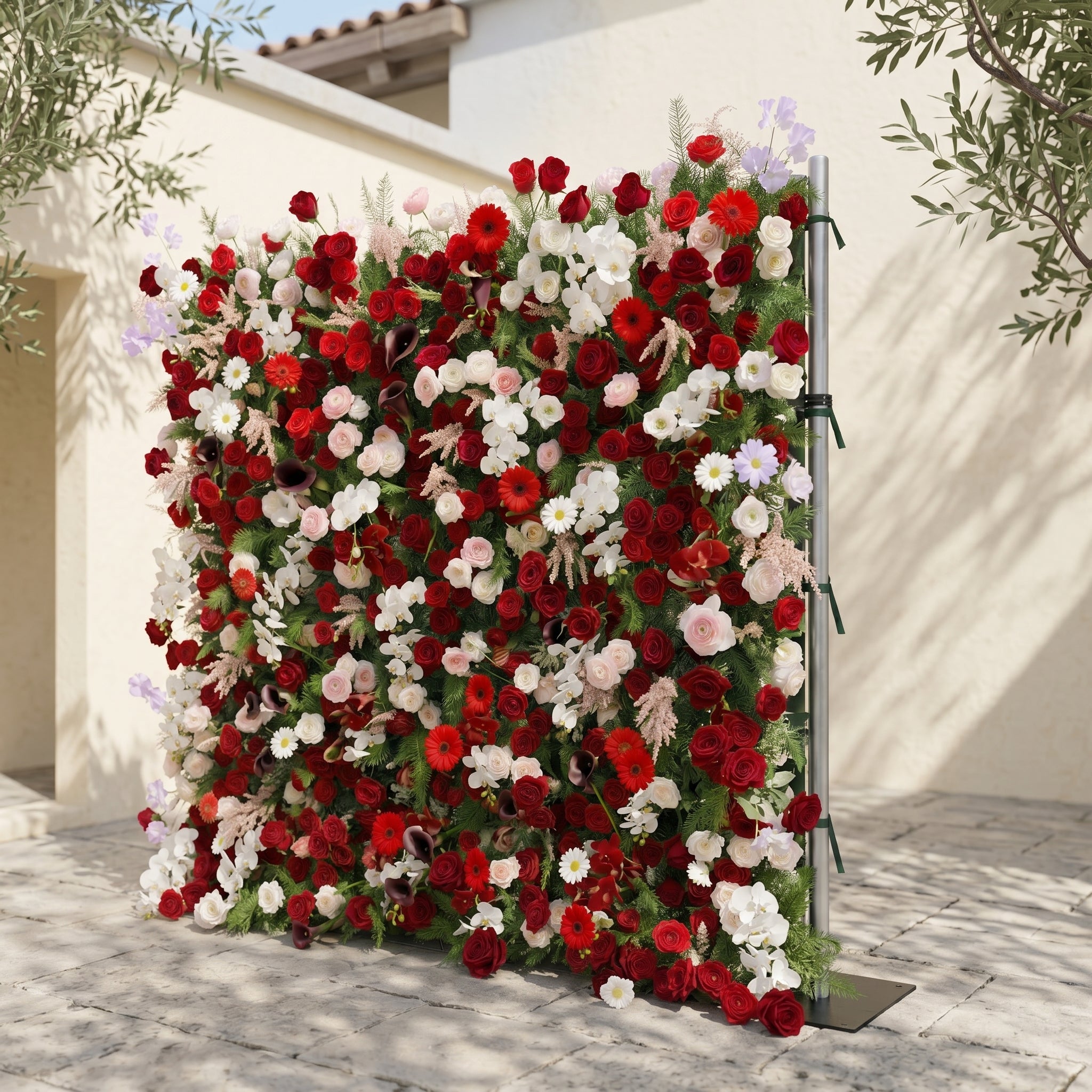 Maelelia: Premium 4D Crimson Rose &amp; White Daisy Silk Flower Wall with Botanical Textures for Bold Branding Events