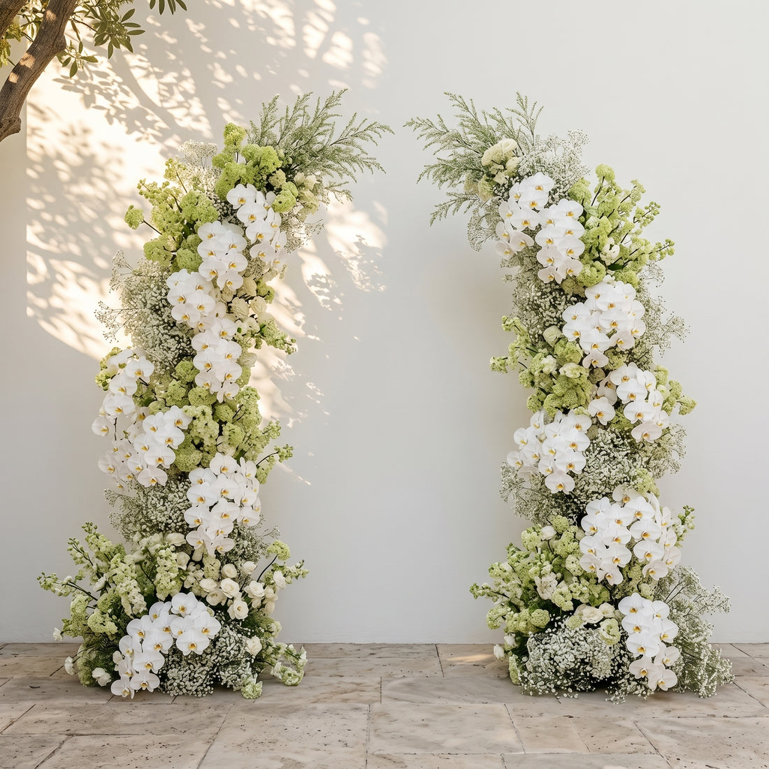Maellyra:Ivory White Orchid &amp; Fresh Green Silk Floral Ground Horn Arch Arrangement with Soft Sorelia &amp; Cascading Lush Greenery for Romantic Minimalist Weddings &amp; Garden Event Decor Including Frame