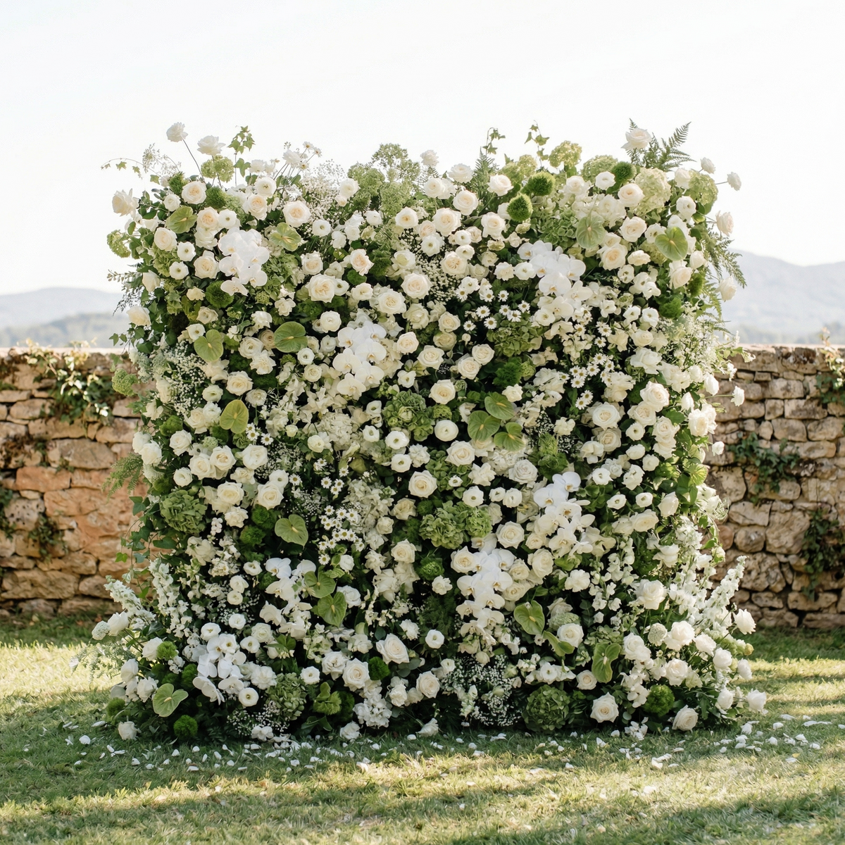 Marellina:5D Green & Ivory White Silk Rose Flower Wall Roll-Up Fabric Backdrop for Romantic Weddings & Proposals