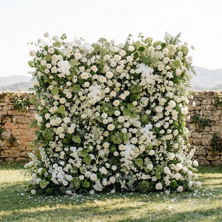 Marellina:5D Green & Ivory White Silk Rose Flower Wall Roll-Up Fabric Backdrop for Romantic Weddings & Proposals