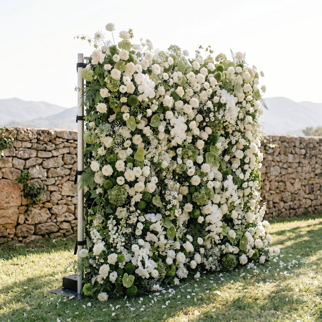 Marellina:5D Green &amp; Ivory White Silk Rose Flower Wall Roll-Up Fabric Backdrop for Romantic Weddings &amp; Proposals