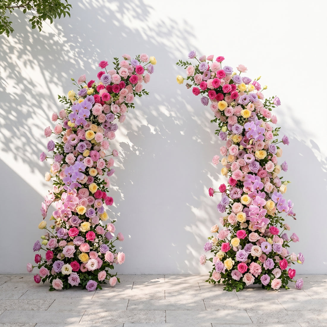 Maressa:Luxury Pastel Rainbow, Lilac Purple &amp; Blush Pink Silk Floral Ground Horn Arch Arrangement with Soft Sorelia &amp; Cascading Greenery for Romantic Minimalist Weddings &amp; Garden Event Decor Including Frame