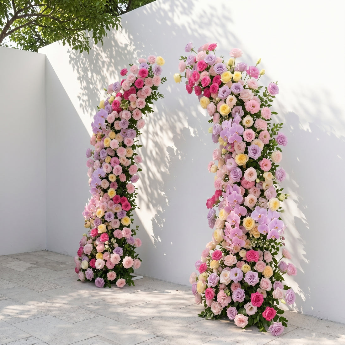 Maressa:Luxury Pastel Rainbow, Lilac Purple &amp; Blush Pink Silk Floral Ground Horn Arch Arrangement with Soft Sorelia &amp; Cascading Greenery for Romantic Minimalist Weddings &amp; Garden Event Decor Including Frame