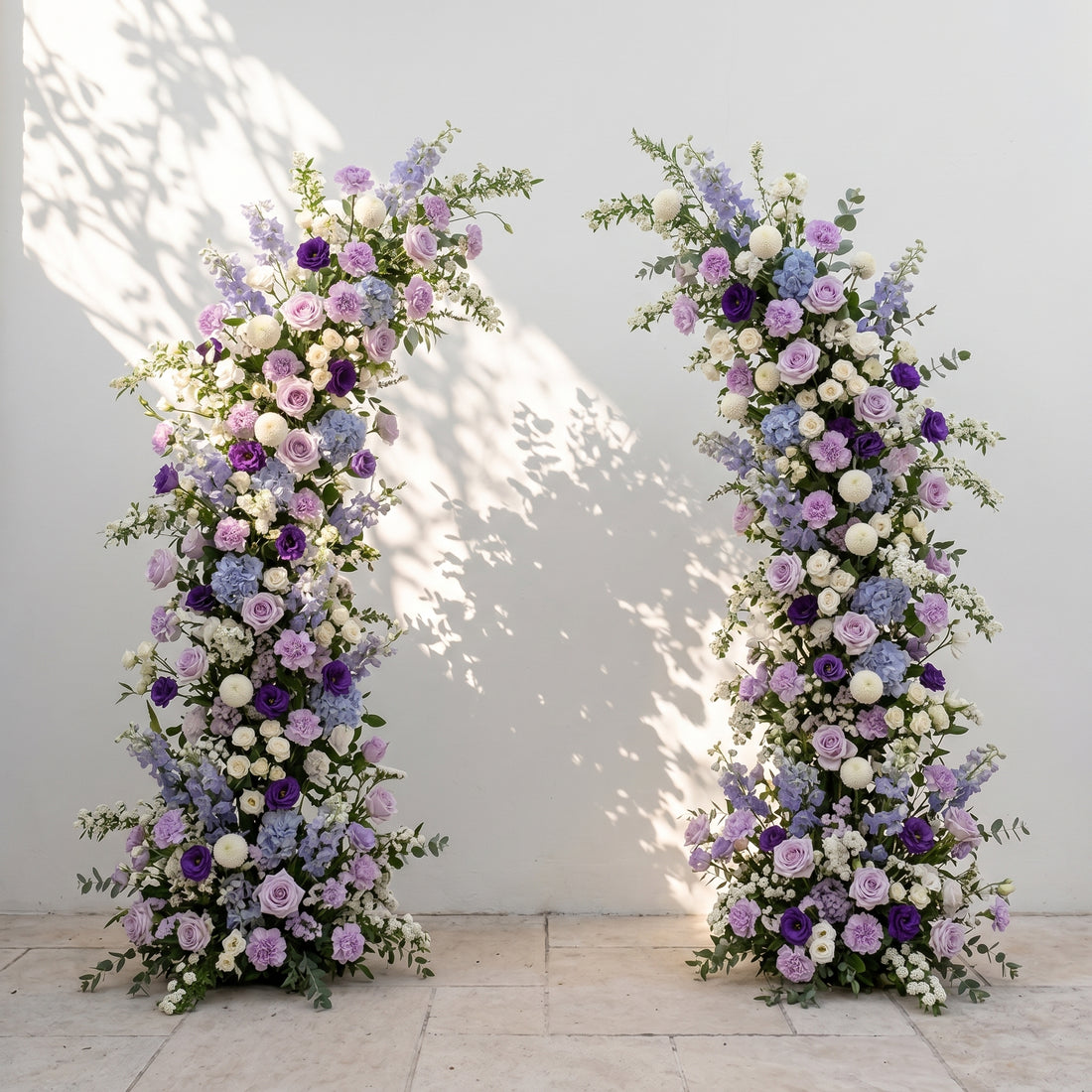 Marmere: Luxury Lavender Purple, Ivory White &amp; Dusty Blue Silk Floral Ground Horn Arch Arrangement with Soft Delphinium &amp; Lush Cascading Greenery for Romantic Minimalist Weddings &amp; Garden Event Decor Including Frame