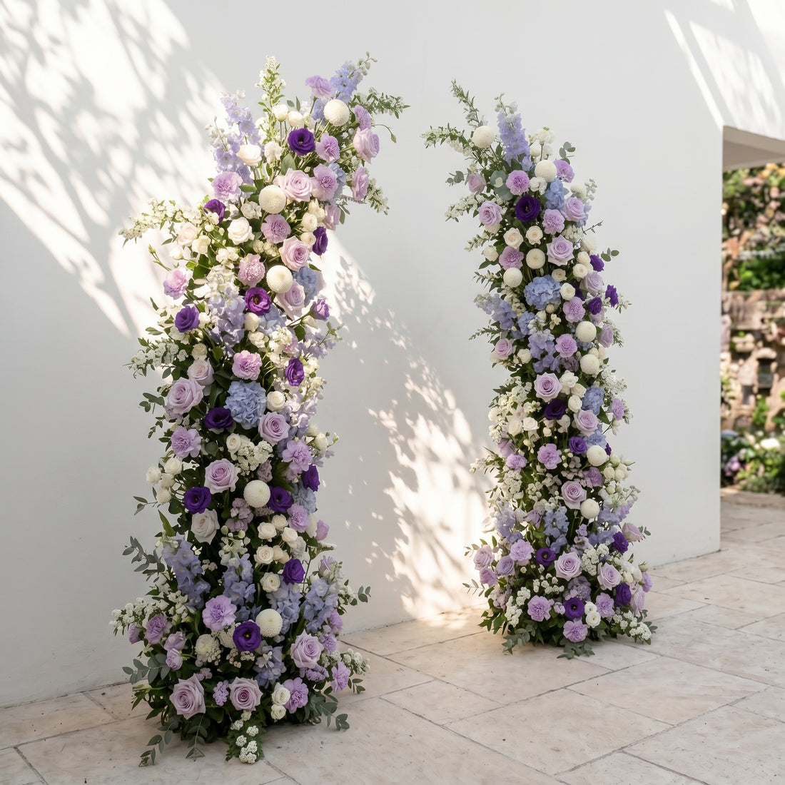 Marmere: Luxury Lavender Purple, Ivory White &amp; Dusty Blue Silk Floral Ground Horn Arch Arrangement with Soft Delphinium &amp; Lush Cascading Greenery for Romantic Minimalist Weddings &amp; Garden Event Decor Including Frame
