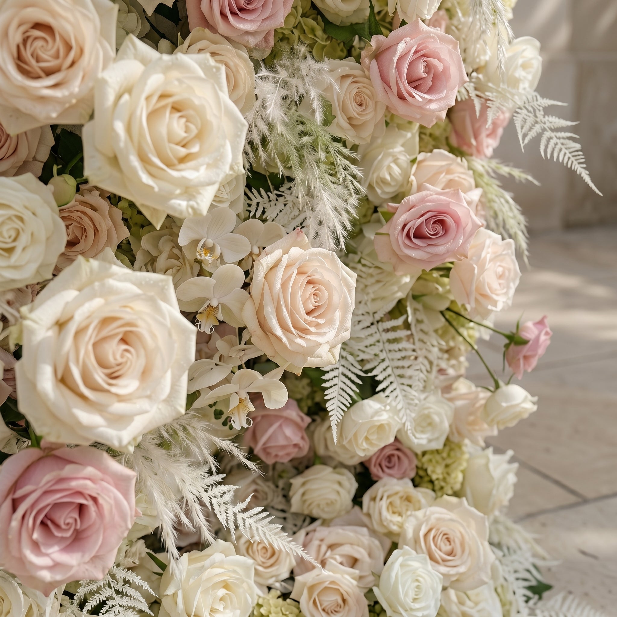 Mavenena:5D Neutral Cream Blush Pink &amp; Ivory White Silk Rose Flower Wall Roll-Up Fabric Backdrop for Romantic Weddings &amp; Proposals