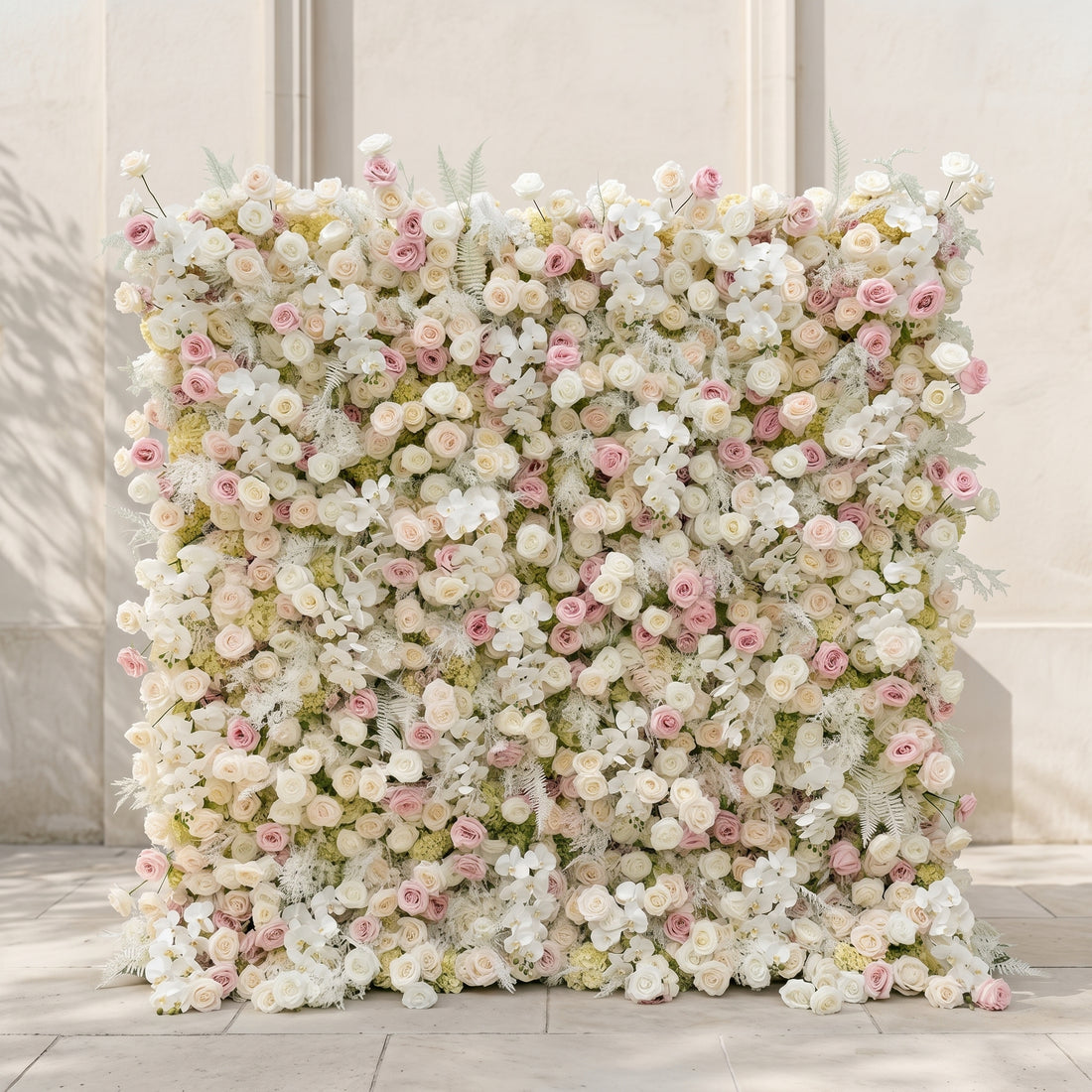 Mavenena:5D Neutral Cream Blush Pink &amp; Ivory White Silk Rose Flower Wall Roll-Up Fabric Backdrop for Romantic Weddings &amp; Proposals