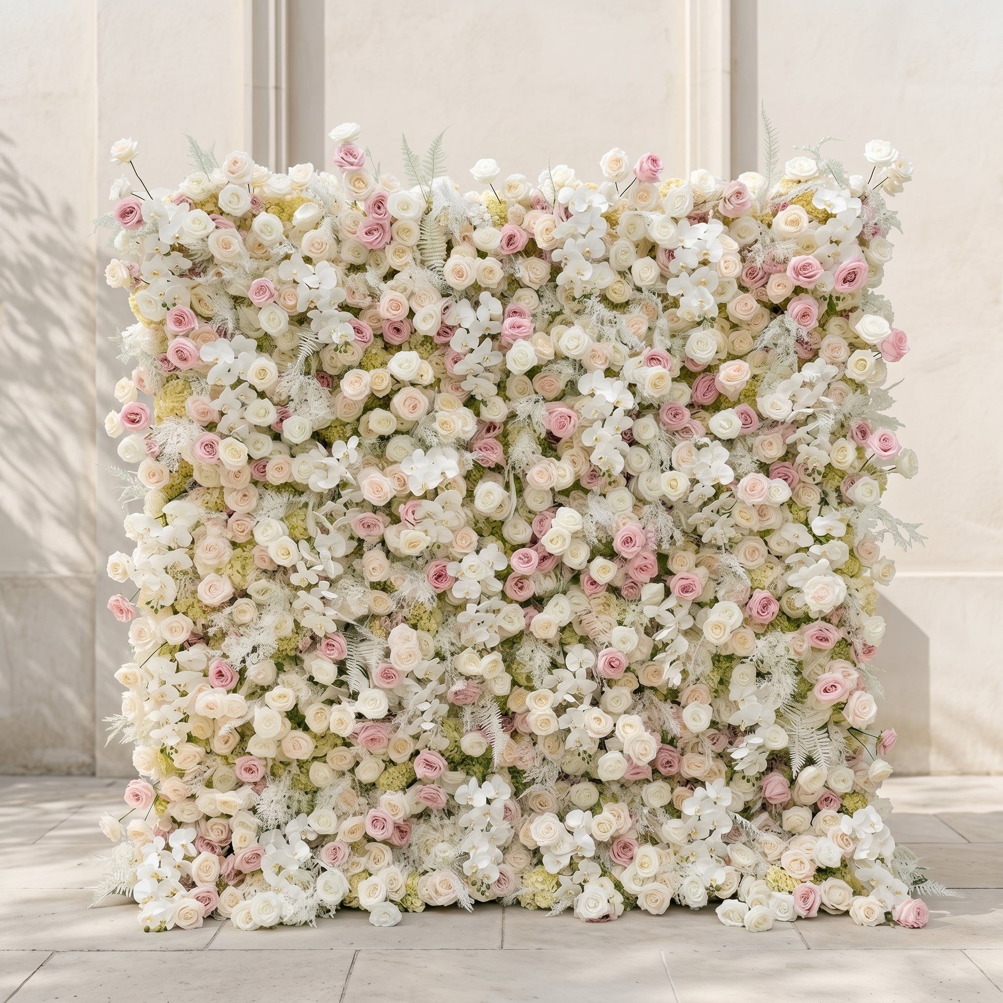 Mavenena:5D Neutral Cream Blush Pink &amp; Ivory White Silk Rose Flower Wall Roll-Up Fabric Backdrop for Romantic Weddings &amp; Proposals