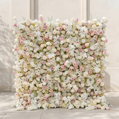 Mavenena:5D Neutral Cream Blush Pink &amp; Ivory White Silk Rose Flower Wall Roll-Up Fabric Backdrop for Romantic Weddings &amp; Proposals