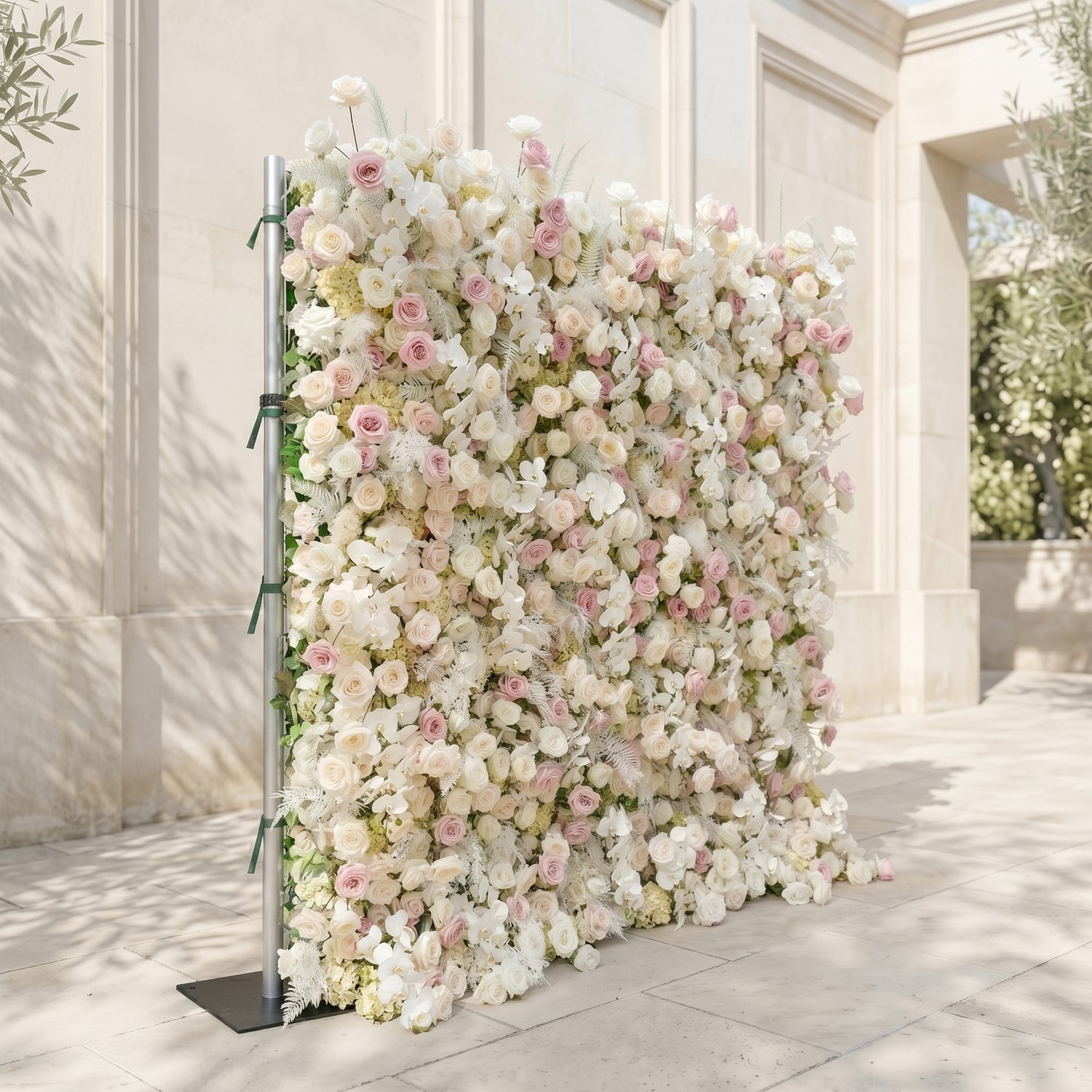 Mavenena:5D Neutral Cream Blush Pink &amp; Ivory White Silk Rose Flower Wall Roll-Up Fabric Backdrop for Romantic Weddings &amp; Proposals